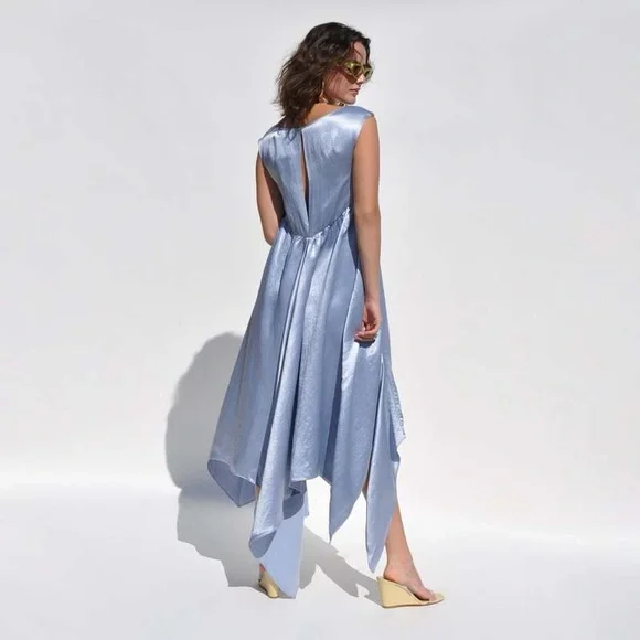 Collina Strada Dara Light Blue Satin Midi Dress Drapey Asymmetric Avant Garde - Picture 2 of 16